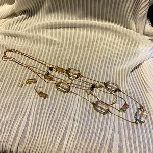 Triple Strand Gold Like Chain w/ Beads & Earrings